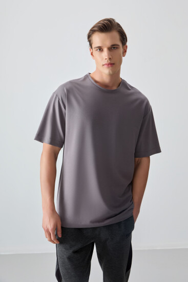 Koyu Gri Pamuklu Kalın Yumuşak Dokulu Oversize Fit Basic Erkek T-Shirt - 88377 