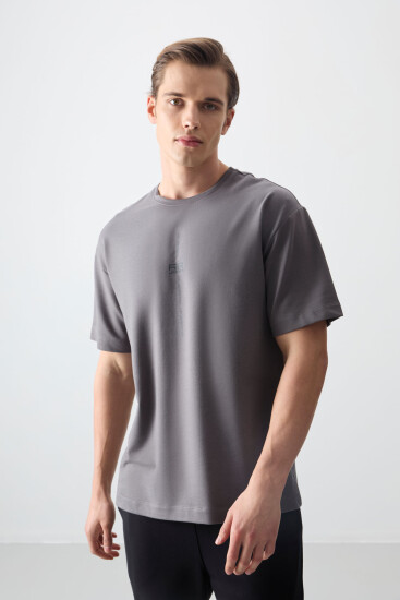 Koyu Gri Pamuklu Kalın Yumuşak Dokulu Oversize Fit Baskılı Erkek T-Shirt - 88373 