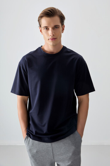 Lacivert Pamuklu Kalın Yumuşak Dokulu Oversize Fit Basic Erkek T-Shirt - 88377 