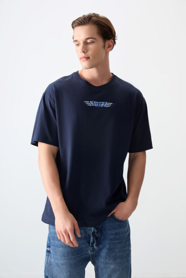 Lacivert %100 Pamuk Kalın Yumuşak Dokulu Oversize Fit Baskılı Erkek T-Shirt - 88356 