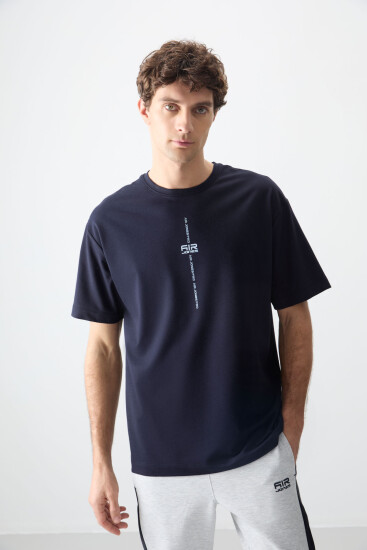 Lacivert Pamuklu Kalın Yumuşak Dokulu Oversize Fit Baskılı Erkek T-Shirt - 88373 