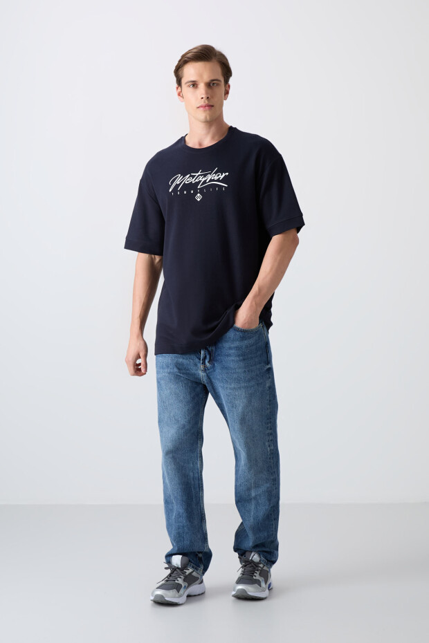 Lacivert Pamuklu Kalın Yumuşak Dokulu Oversize Fit Baskılı Erkek T-Shirt - 88320 - 2