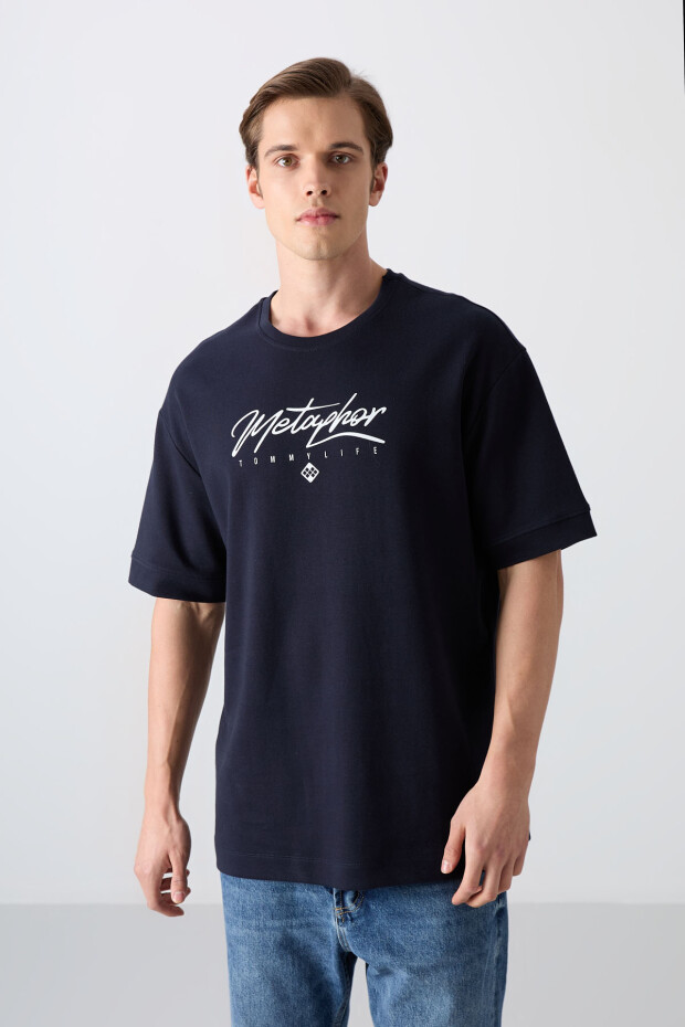 Lacivert Pamuklu Kalın Yumuşak Dokulu Oversize Fit Baskılı Erkek T-Shirt - 88320 - 1