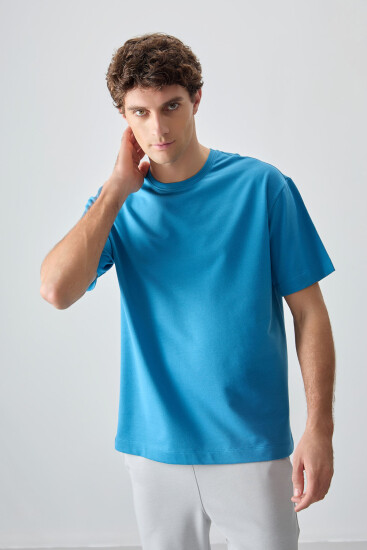 Petrol Mavi Pamuklu Kalın Yumuşak Dokulu Oversize Fit Basic Erkek T-Shirt - 88377 