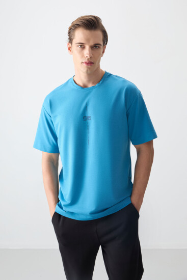 Petrol Mavi Pamuklu Kalın Yumuşak Dokulu Oversize Fit Baskılı Erkek T-Shirt - 88373 