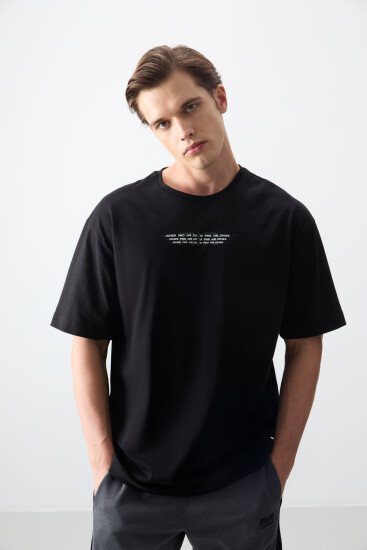 Siyah %100 Pamuk Kalın Yumuşak Dokulu Oversize Fit Baskılı Erkek T-Shirt - 88356 