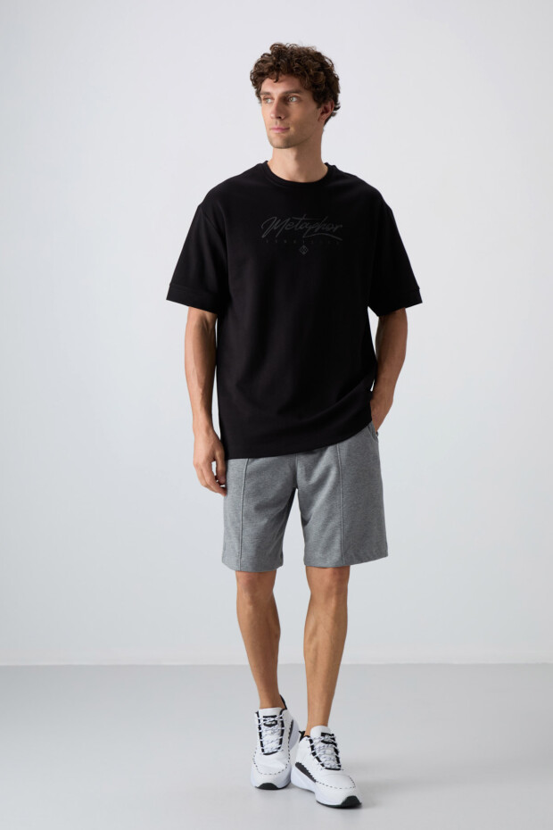 Siyah Pamuklu Kalın Yumuşak Dokulu Oversize Fit Baskılı Erkek T-Shirt - 88320 - 2