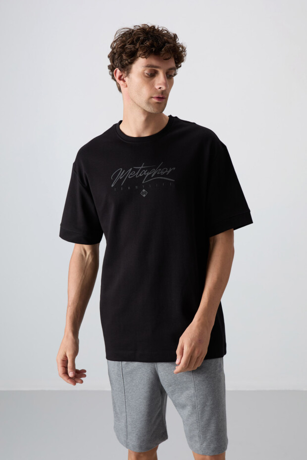 Siyah Pamuklu Kalın Yumuşak Dokulu Oversize Fit Baskılı Erkek T-Shirt - 88320 - 3