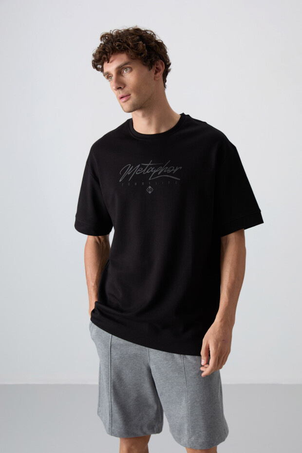 Siyah Pamuklu Kalın Yumuşak Dokulu Oversize Fit Baskılı Erkek T-Shirt - 88320 - 1