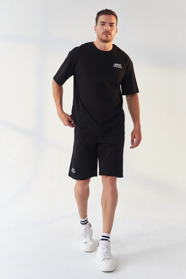 Tommy Life Siyah Küçük Yazı Baskılı O Yaka Erkek Oversize Bermuda Şort Takım - 85156. 2 Tommy Life Siyah Küçük Yazı Baskılı O Yaka Erkek Oversize Bermuda Şort Takım - 85156. 2