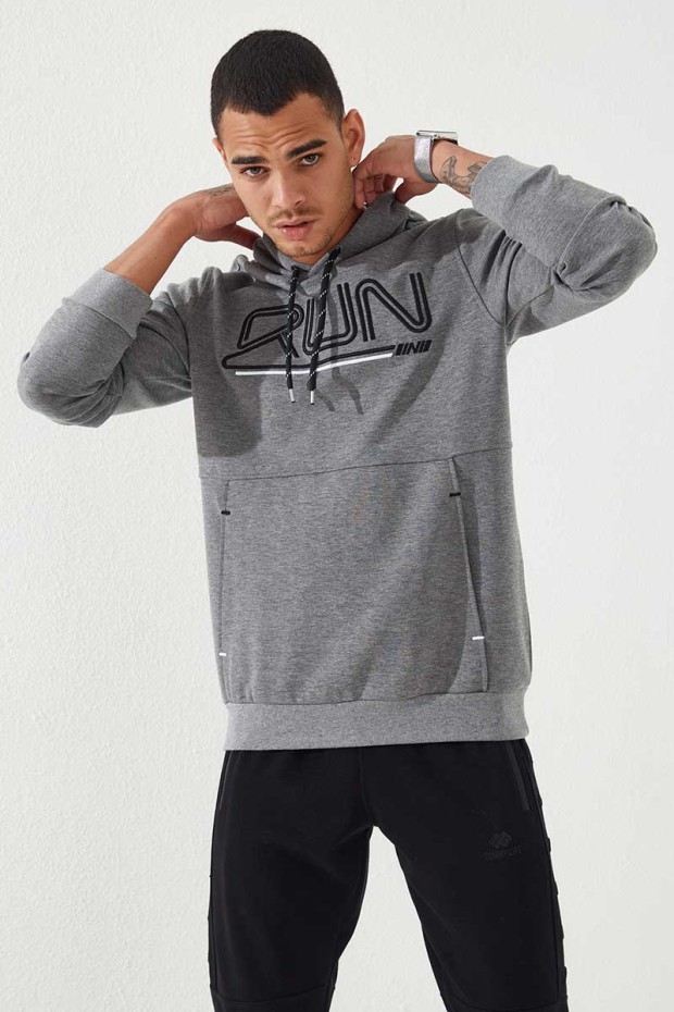 Tommy Life Gri Melanj Yazı Nakışlı Standart Kalıp Kapüşonlu Erkek Sweatshirt - 87887. 1