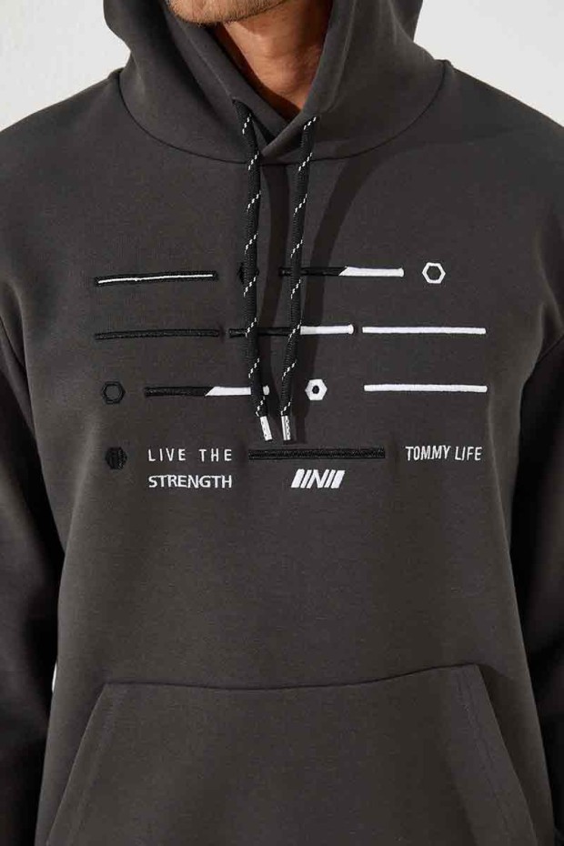 Tommy Life Haki Şerit Nakışlı Standart Kalıp Kapüşonlu Erkek Sweatshirt - 87885. 8