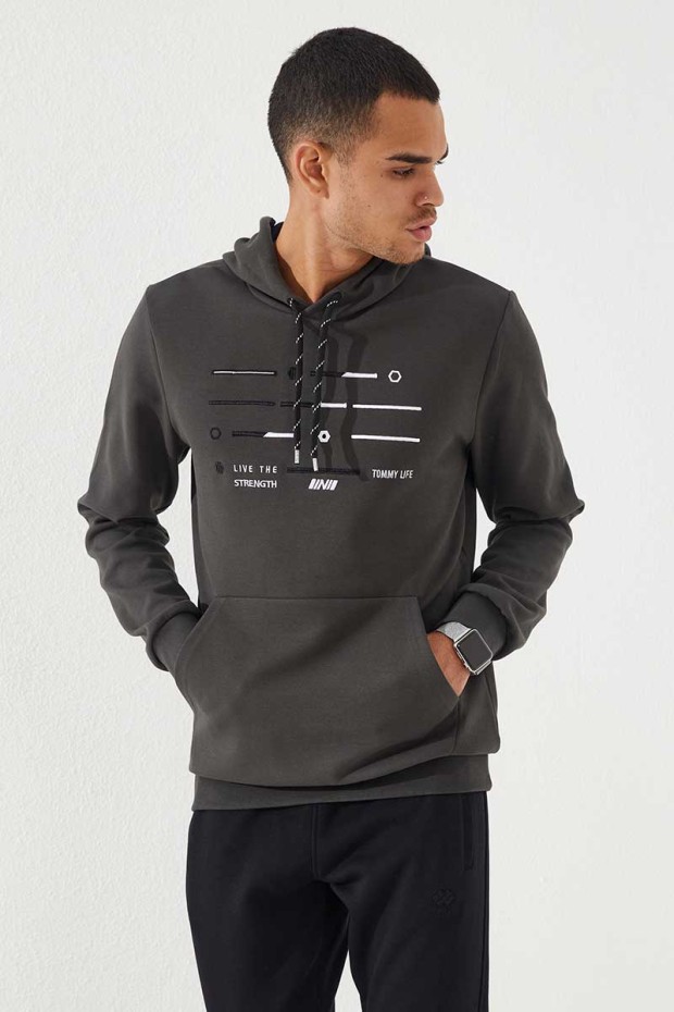 Tommy Life Haki Şerit Nakışlı Standart Kalıp Kapüşonlu Erkek Sweatshirt - 87885. 6 Tommy Life Haki Şerit Nakışlı Standart Kalıp Kapüşonlu Erkek Sweatshirt - 87885. 6