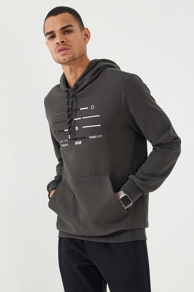 Tommy Life Haki Şerit Nakışlı Standart Kalıp Kapüşonlu Erkek Sweatshirt - 87885. 2 Tommy Life Haki Şerit Nakışlı Standart Kalıp Kapüşonlu Erkek Sweatshirt - 87885. 2