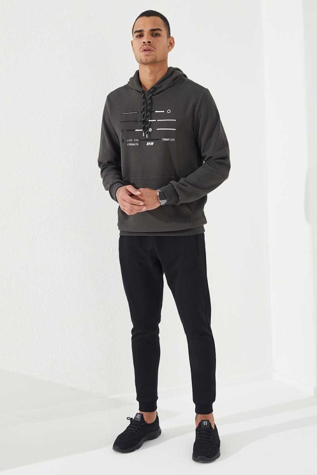 Tommy Life Haki Şerit Nakışlı Standart Kalıp Kapüşonlu Erkek Sweatshirt - 87885. 5 Tommy Life Haki Şerit Nakışlı Standart Kalıp Kapüşonlu Erkek Sweatshirt - 87885. 5