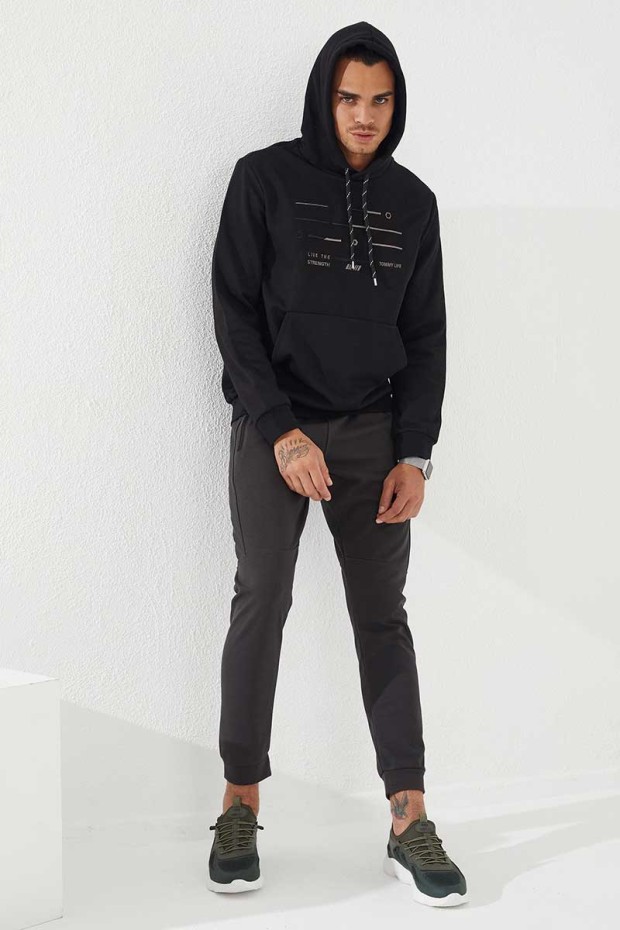 Tommy Life Siyah Şerit Nakışlı Standart Kalıp Kapüşonlu Erkek Sweatshirt - 87885. 2 Tommy Life Siyah Şerit Nakışlı Standart Kalıp Kapüşonlu Erkek Sweatshirt - 87885. 2