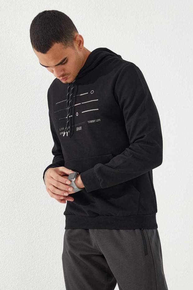 Tommy Life Siyah Şerit Nakışlı Standart Kalıp Kapüşonlu Erkek Sweatshirt - 87885. 5 Tommy Life Siyah Şerit Nakışlı Standart Kalıp Kapüşonlu Erkek Sweatshirt - 87885. 5