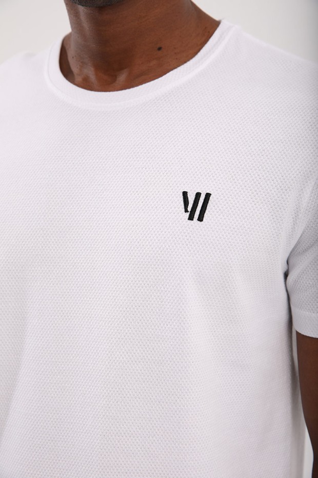 Tommy Life Beyaz Petek Dokulu Çift Ok Logolu Standart Kalıp O Yaka Erkek T-Shirt - 87921. 8