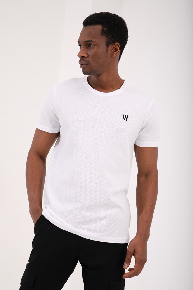 Tommy Life Beyaz Petek Dokulu Çift Ok Logolu Standart Kalıp O Yaka Erkek T-Shirt - 87921. 6