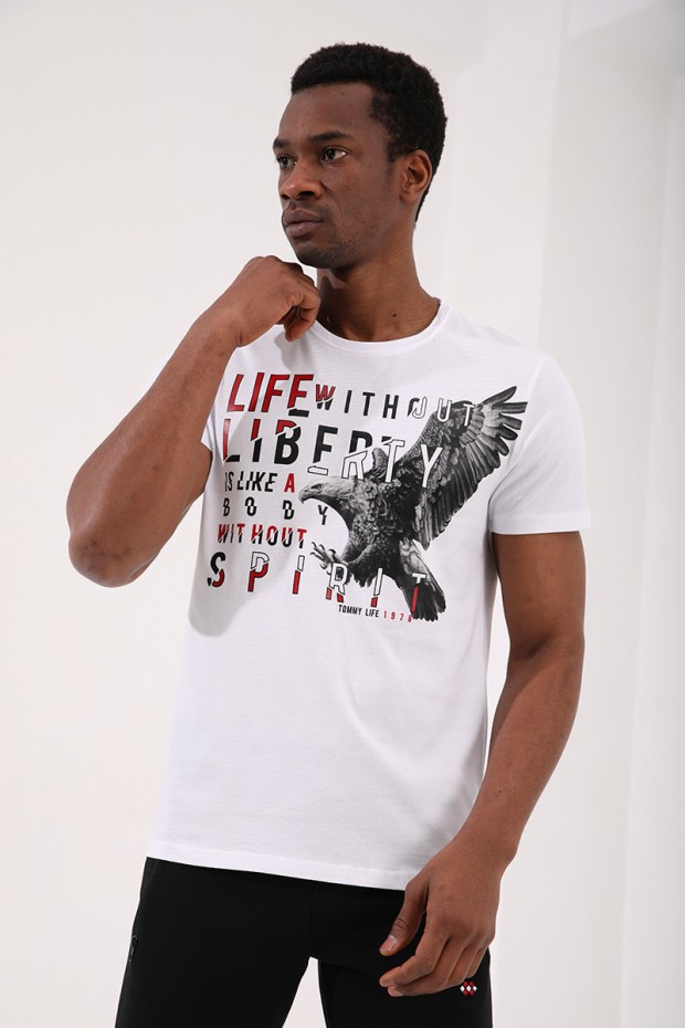 Tommy Life Beyaz Kartal Baskılı Standart Kalıp O Yaka Erkek T-Shirt - 87932. 1
