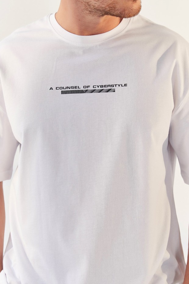 Tommy Life Beyaz Yazı Baskılı O Yaka Erkek Oversize T-Shirt - 87984. 5