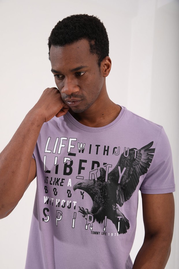 Tommy Life Eflatun Kartal Baskılı Standart Kalıp O Yaka Erkek T-Shirt - 87932. 7