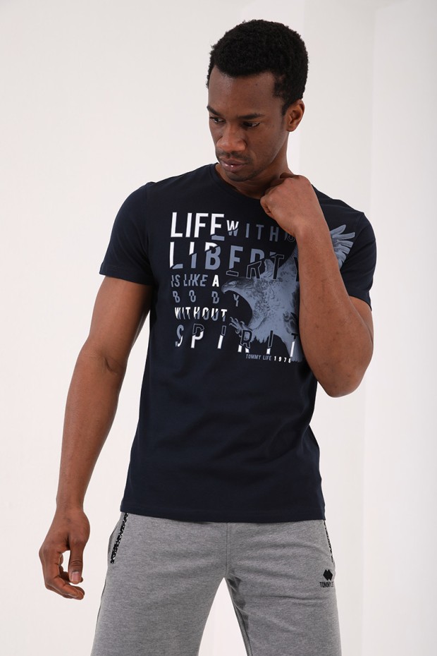 Tommy Life Lacivert Kartal Baskılı Standart Kalıp O Yaka Erkek T-Shirt - 87932. 2