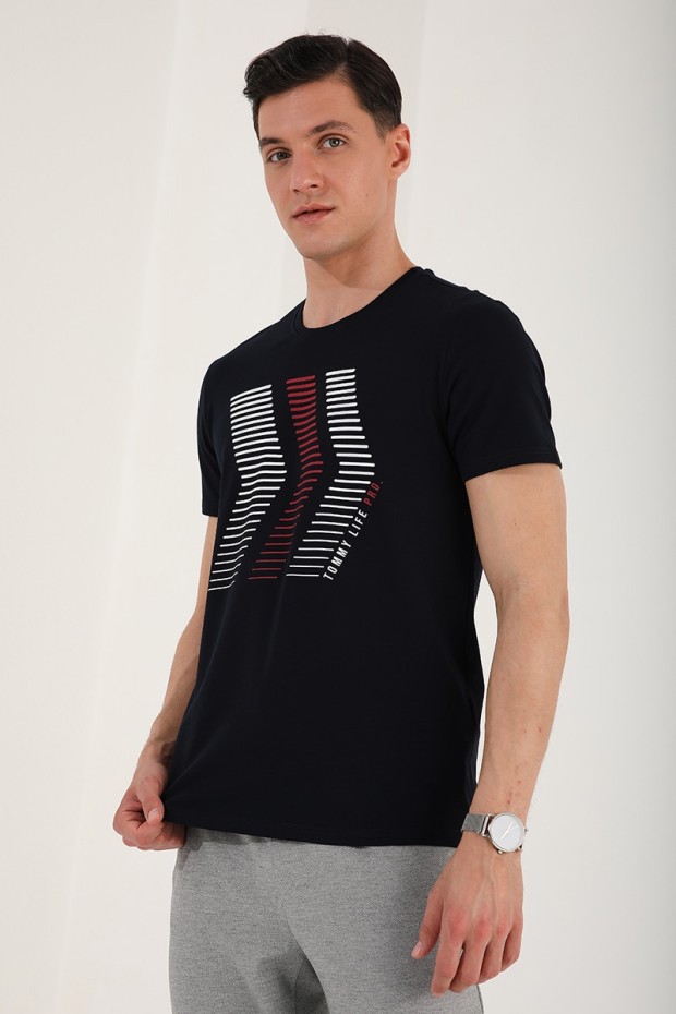 Tommy Life Lacivert Karışık Harf Rakam Baskılı Rahat Form O Yaka Erkek T-Shirt - 87960. 3