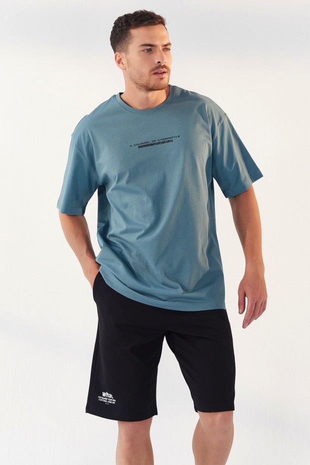 Tommy Life Mint Yeşili Yazı Baskılı O Yaka Erkek Oversize T-Shirt - 87984. 6