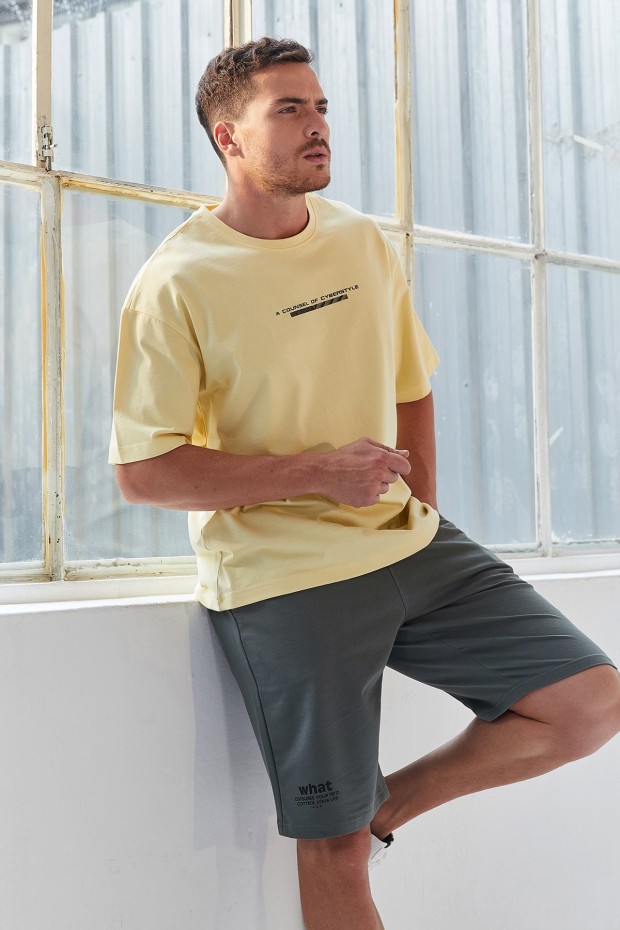 Tommy Life Sarı Yazı Baskılı O Yaka Erkek Oversize T-Shirt - 87984. 1