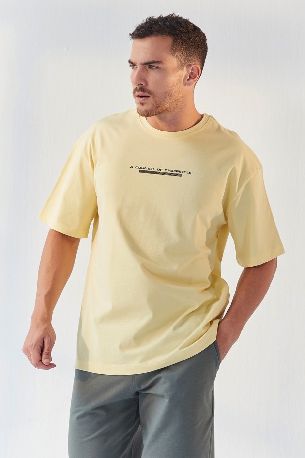 Tommy Life Sarı Yazı Baskılı O Yaka Erkek Oversize T-Shirt - 87984. 7