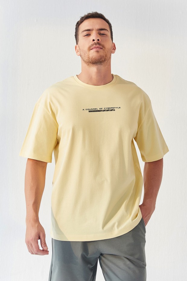 Tommy Life Sarı Yazı Baskılı O Yaka Erkek Oversize T-Shirt - 87984. 6