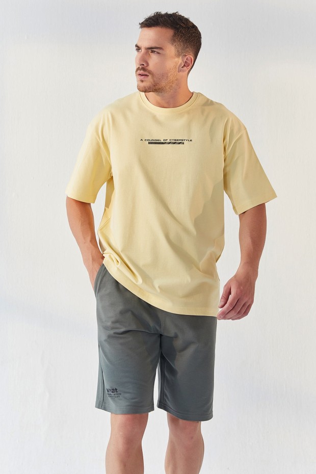 Tommy Life Sarı Yazı Baskılı O Yaka Erkek Oversize T-Shirt - 87984. 5