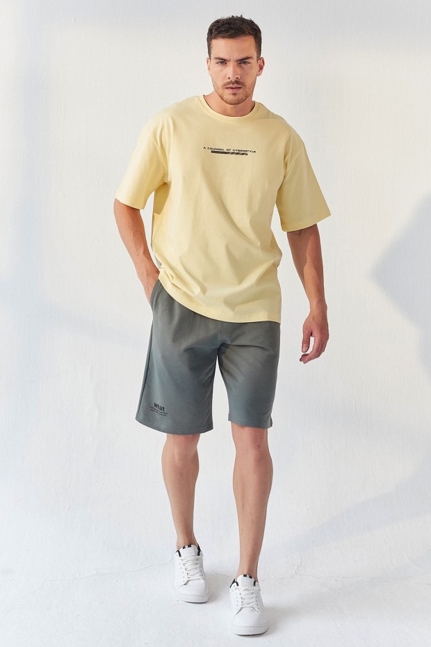 Tommy Life Sarı Yazı Baskılı O Yaka Erkek Oversize T-Shirt - 87984. 2