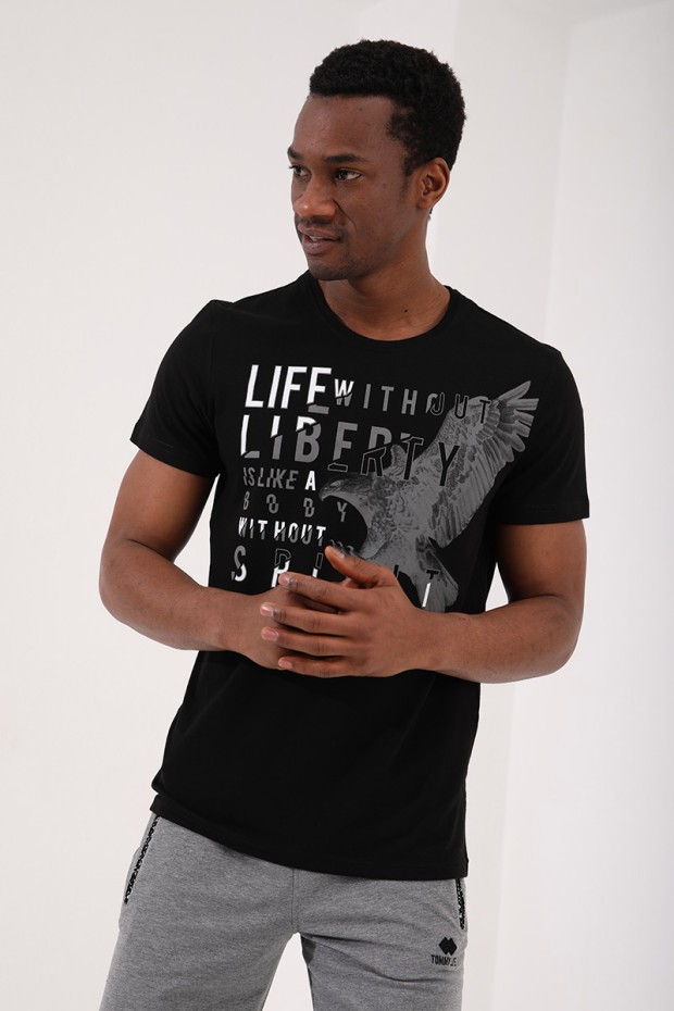 Tommy Life Siyah Kartal Baskılı Standart Kalıp O Yaka Erkek T-Shirt - 87932. 3