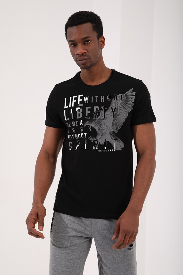Tommy Life Siyah Kartal Baskılı Standart Kalıp O Yaka Erkek T-Shirt - 87932. 9