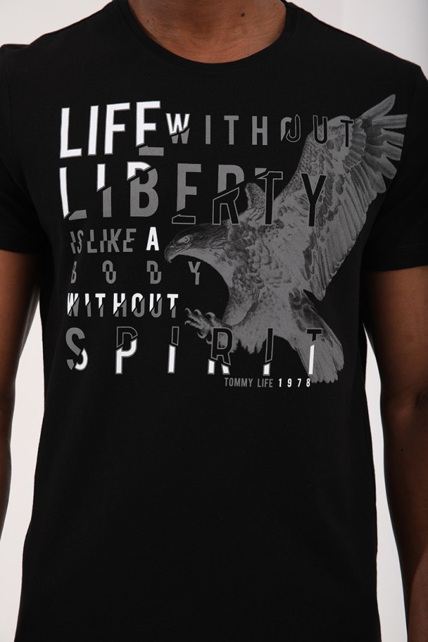 Tommy Life Siyah Kartal Baskılı Standart Kalıp O Yaka Erkek T-Shirt - 87932. 1
