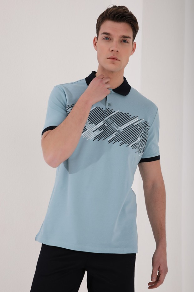 Tommy Life Buz Mavi Sayı Detaylı Çizgi Baskılı Standart Kalıp Polo Yaka Erkek T-Shirt - 87955. 3