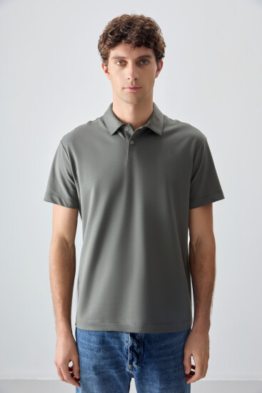 Haki Pamuklu Kalın Yumuşak Dokulu Polo Yaka Oversize Fit Basic Erkek T- Shirt - 88381 