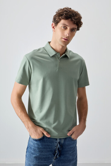 Açık Yeşil Pamuklu Kalın Yumuşak Dokulu Polo Yaka Oversize Fit Basic Erkek T-Shirt - 88381 