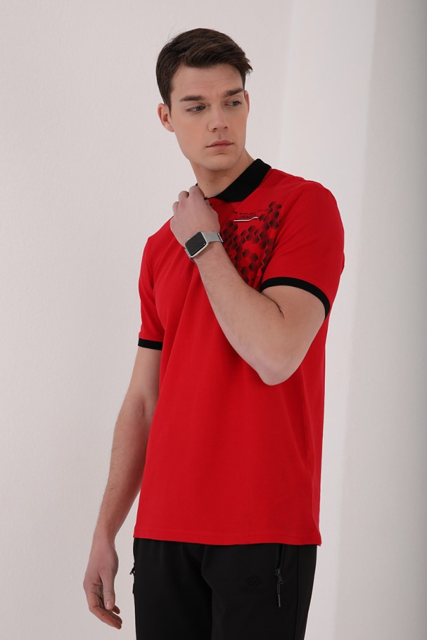 Tommy Life Kırmızı Altıgen Desen Baskılı Standart Kalıp Polo Yaka Erkek T-Shirt - 87928. 3