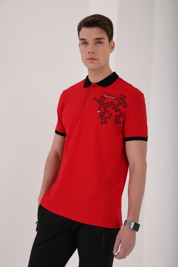 Tommy Life Kırmızı Altıgen Desen Baskılı Standart Kalıp Polo Yaka Erkek T-Shirt - 87928. 2