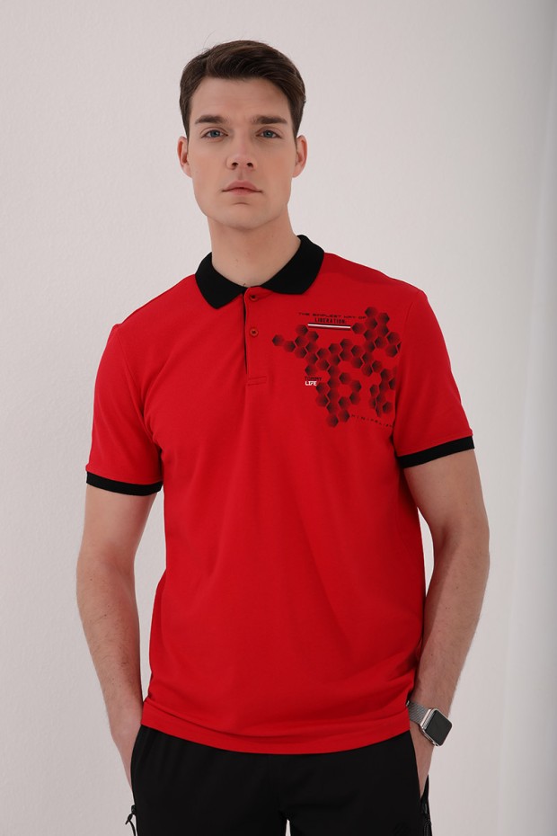 Tommy Life Kırmızı Altıgen Desen Baskılı Standart Kalıp Polo Yaka Erkek T-Shirt - 87928. 8