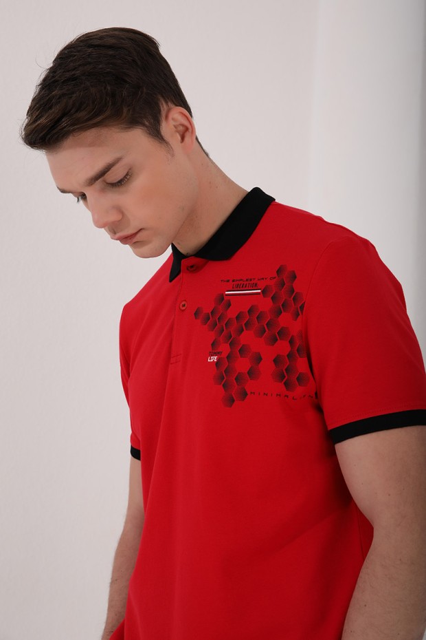 Tommy Life Kırmızı Altıgen Desen Baskılı Standart Kalıp Polo Yaka Erkek T-Shirt - 87928. 5