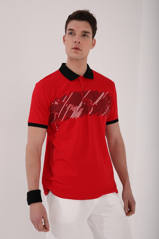 Tommy Life Kırmızı Sayı Detaylı Çizgi Baskılı Standart Kalıp Polo Yaka Erkek T-Shirt - 87955. 1