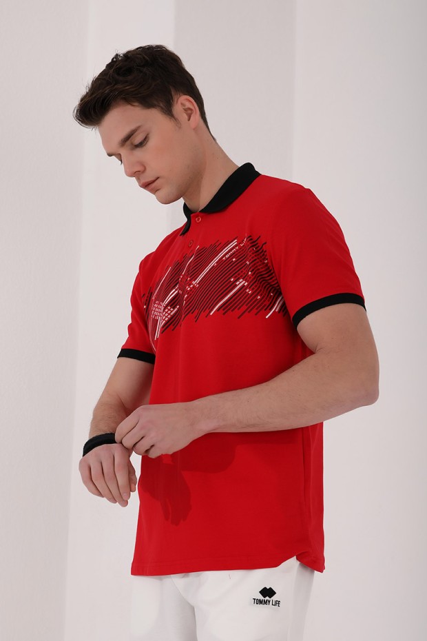 Tommy Life Kırmızı Sayı Detaylı Çizgi Baskılı Standart Kalıp Polo Yaka Erkek T-Shirt - 87955. 9
