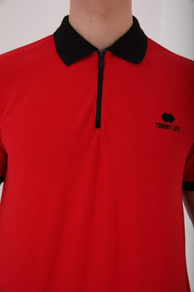 Tommy Life Kırmızı Yarım Fermuarlı Standart Kalıp Polo Yaka Erkek T-Shirt - 87961. 8
