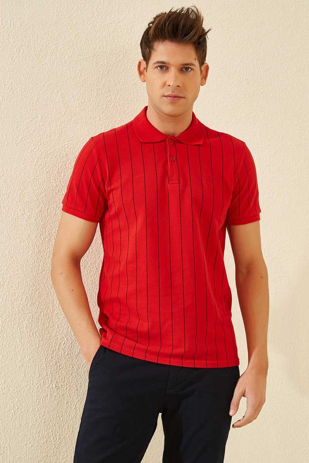 Tommy Life Kırmızı Çizgili Kısa Kol Standart Kalıp Polo Yaka Erkek T-Shirt - 87797. 1