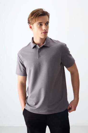 Koyu Gri Pamuklu Kalın Yumuşak Dokulu Polo Yaka Oversize Fit Basic Erkek T- Shirt - 88381 