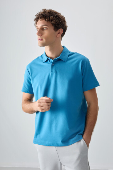 Petrol Mavi Pamuklu Kalın Yumuşak Dokulu Polo Yaka Oversize Fit Basic Erkek T- Shirt - 88381 